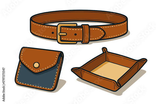 Collection of essential brown leather accessories including belt, wallet, and catchall tray