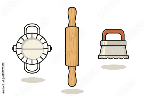 Collection of kitchen tools for baking and cooking including rolling pin, dumpling mold, and dough scraper