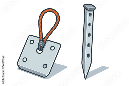Ground anchor plate with orange rope loop and sharp metal stake for securing outdoor structures