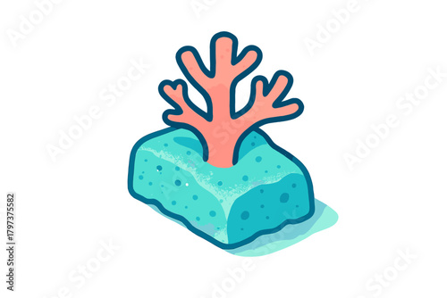 Cute stylized pink coral growing from a textured blue rock formation underwater isolated on white
