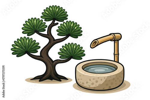 Traditional Japanese garden elements featuring a stylized pine tree and a stone water basin with bamboo spout