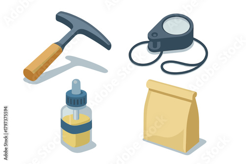Geology and scientific field equipment collection including rock hammer, hand lens, and sample bag