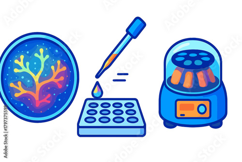 Science icons set featuring biological organism, chemical dropper, and laboratory centrifuge