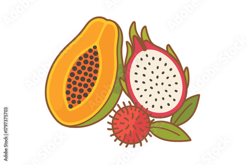 Halved papaya, dragon fruit, and rambutan tropical fruit composition with green leaves on white