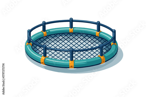 Isometric view of circular netted enclosure for aquaculture or fish farming