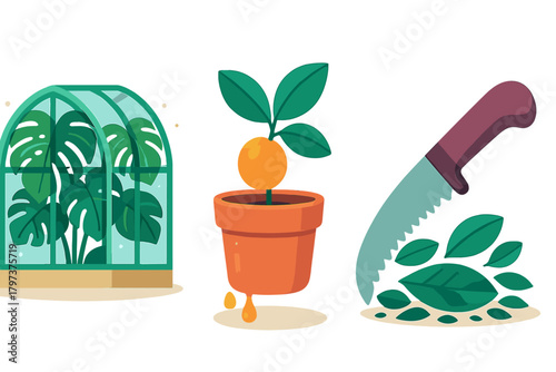 Greenhouse terrarium, potted seedling, and gardening knife cutting leaves set