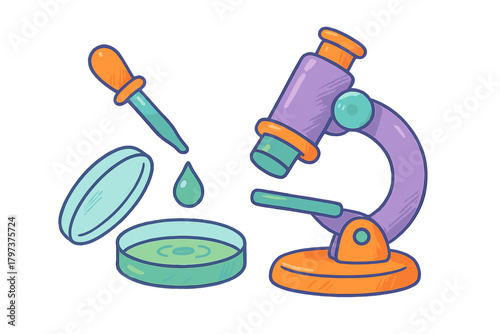 Microscope and dropper with petri dish for scientific research