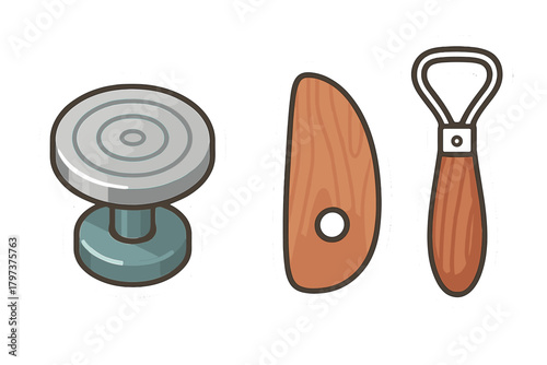 Essential pottery tools set featuring a banding wheel, wooden rib, and wire loop trimmer