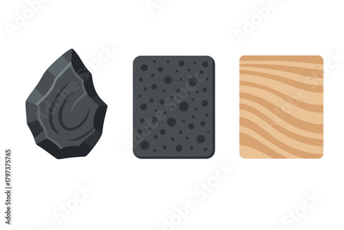 Basic material icons set featuring dark flint stone, porous sponge, and light wood grain textures