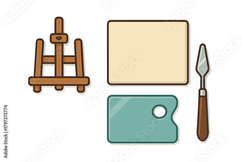 Wooden easel, blank canvas, artist palette, and painting knife set on white background