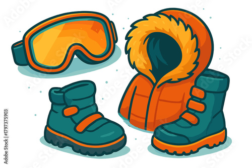 Essential warm winter clothing set with parka, snow boots, and protective goggles