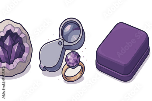 Amethyst geode gemstone ring and jeweler loupe set for appraisal