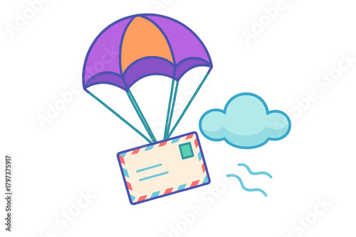 Mail envelope descending with colorful parachute and cloud