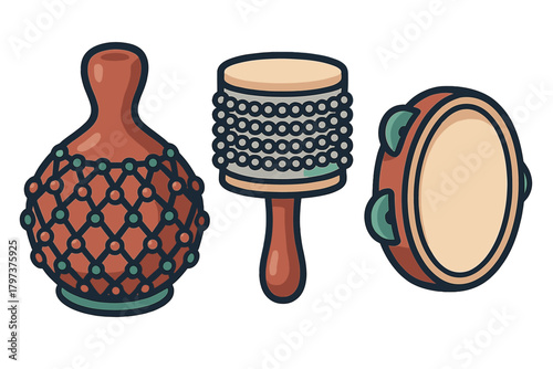 Three traditional Latin percussion instrument icons set