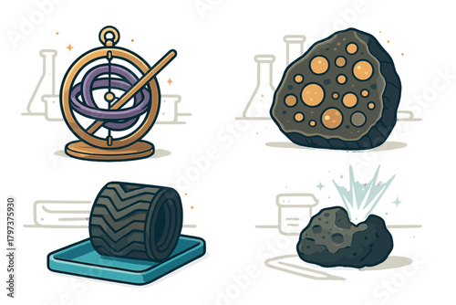 Set of scientific objects including armillary sphere, porous meteorite, tire sample, and volcanic rock