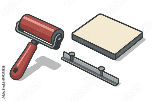 Isometric set of essential printmaking tools including brayer plate and squeegee