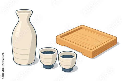 Traditional Japanese sake serving set with ceramic carafe and cups on wooden tray