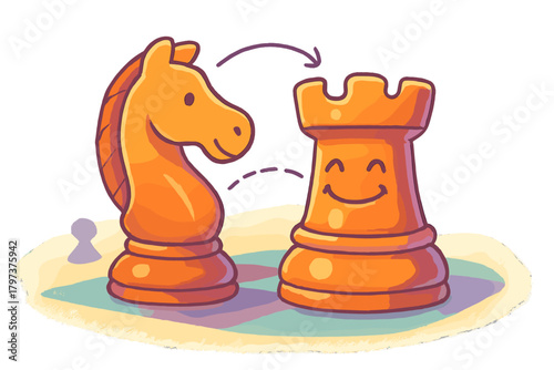 Cute orange chess knight piece making a strategic move toward a smiling rook piece