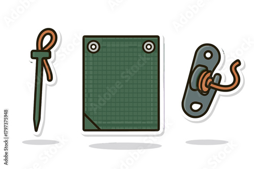 Essential camping equipment components including a tent peg, tarp fabric, and tie-down hook