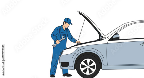 Mechanic Inspecting Car Engine with Wrench Wearing Blue Uniform and Cap.