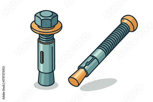 Isometric view of expansion anchor bolt and sleeve hardware assembly
