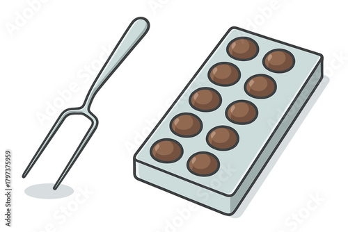 Metal dipping fork and chocolate candy mold tray filled with round brown sweets on a white background