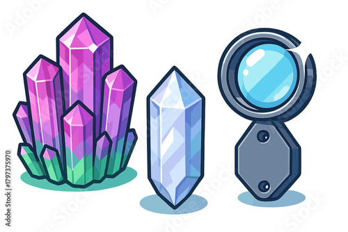 Gemstone crystal cluster and magnifying glass icons collection