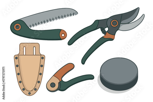 Gardening pruning tools set with folding saw sheath and sharpening stone