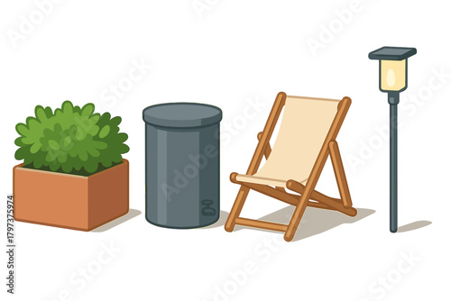 Potted plant, garbage can, wooden deck chair, and solar garden light set on white background