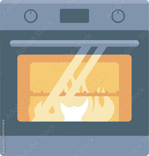 Cartoon illustration of a gray oven with a glass door, showing a bright orange interior with flames.