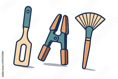 Set of crafting and photography tools including spatula clamp and fan brush