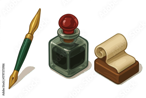 Isometric antique writing tools set with quill pen inkwell and scroll