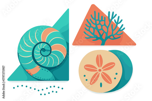 Abstract marine icons set featuring nautilus shell, sea coral, and sand dollar shapes