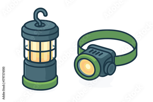 Isometric Set of Camping Lantern and Headlamp Outdoor Lighting Tools