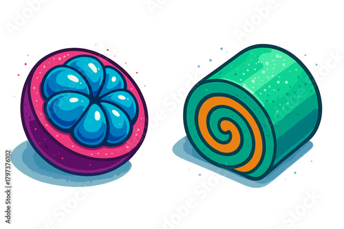 Stylized tropical fruit mangosteen half and spiral green jelly roll candy on white background