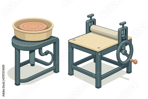 Pottery wheel and slab roller equipment for ceramic art and clay modeling workshop