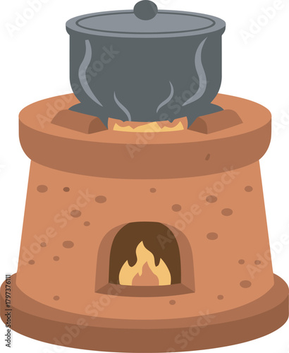 A cartoon illustration of a pot cooking on a traditional brick stove with flames.
