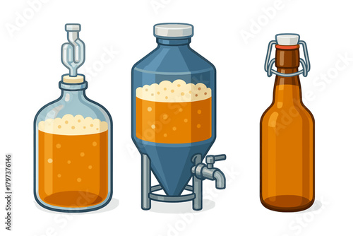 Home brewing equipment with fermentation vessels and bottling container