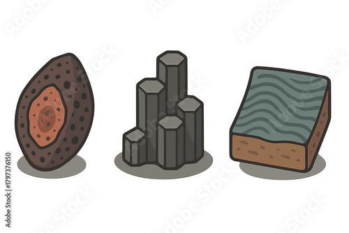 Geological formation icons: geode, basalt columns, and layered rock samples