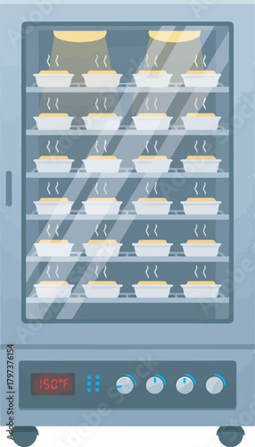 A commercial oven displaying multiple prepared food containers inside, ready to be served.