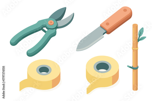 Pruning shears, grafting knife, adhesive tape rolls, and bamboo stake for horticultural work