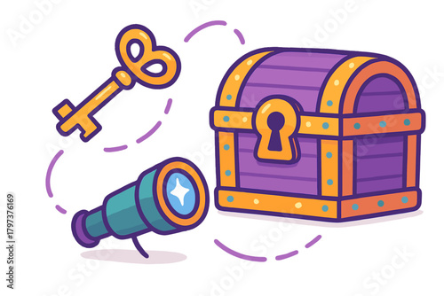 Golden key and spyglass with open treasure chest icons