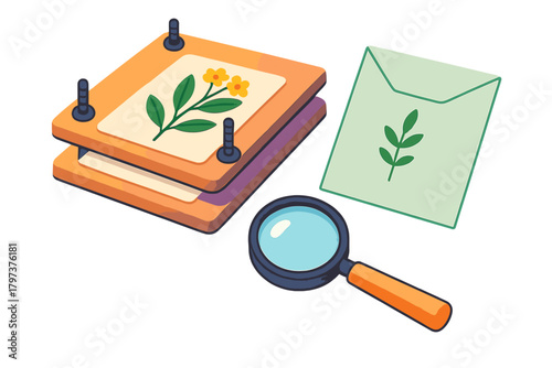 Scientific equipment for plant study featuring a flower press and magnifying glass