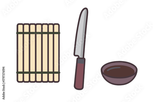 Sushi preparation set featuring a bamboo rolling mat, sharp kitchen knife, and dipping sauce bowl