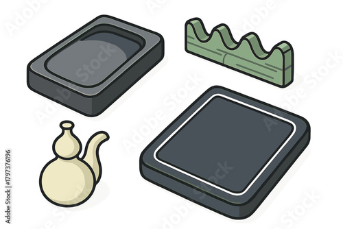 Isometric traditional Chinese calligraphy tools and accessories set