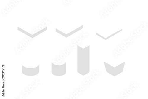 Isometric white geometric shapes collection including cubes, cylinders, and rectangular prisms on a blank background