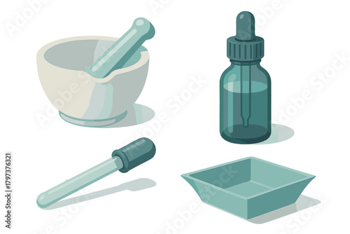 Isometric set of pharmacy and laboratory mixing tools