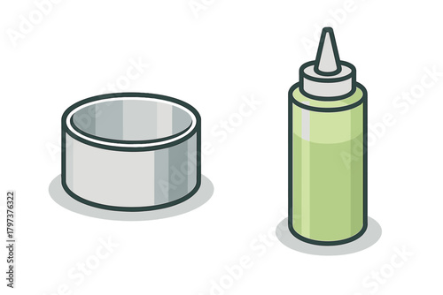 Isometric metal ring mold and green squeeze bottle for baking and food preparation