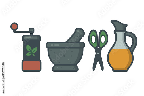 Collection of essential kitchen utensils for seasoning and fresh ingredient preparation