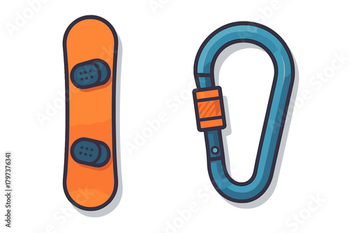Orange snowboard and blue metal carabiner hook for winter sports and climbing safety